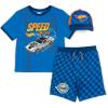 imageHot Wheels Ringer TShirt French Terry Shorts and Baseball Hat 3 Piece Outfit Set Toddler to Big Kid Sizes 2T  1012Blue
