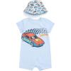 imageHot Wheels Romper and Bucket Sun Hat Outfit Set Newborn to Toddler Sizes Newborn  4TPastel Blue