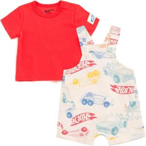 imageHot Wheels Baby French Terry Square Neck Short Overalls and TShirt Outfit Set Newborn to Infant Sizes Newborn  24 MonthsRed  Beige