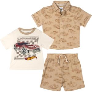 imageHot Wheels Cotton Gauze Button Down Shirt TShirt amp Shorts 3 Piece Outfit Set Infant to Little Kid Sizes 12 Months  78Tan  White