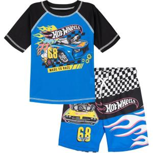 imageHot Wheels Raglan Rash Guard and Swim Trunks UPF 50 Outfit Set Toddler to Big Kid Sizes 2T  1012Blue  Black