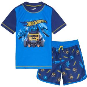 imageHot Wheels Raglan Rash Guard and Swim Trunks UPF 50 Outfit Set Toddler to Big Kid Sizes 2T  1012Navy