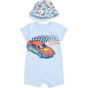 imageHot Wheels Romper and Bucket Sun Hat Outfit Set Newborn to Toddler Sizes Newborn  4TPastel Blue