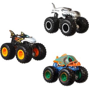 imageHot Wheels Toy Monster Trucks Creature 3Pack Set of 3 Toy Trucks in 164 Scale Shark Wreak Piranahh amp MegaWrex