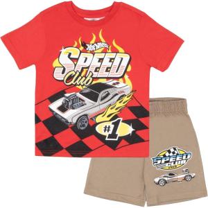imageIsaac Morris Limited Hot Wheels Boys 2Piece Set  Short Sleeve Graphic Print TShirt and Shorts  Racing Outfit for KidsRedBrown