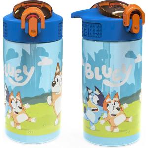 imageZak Designs Hot Wheels Sage Kids Water Bottle For School or Travel 16oz Durable Plastic Water Bottle With Straw Handle and LeakProof PopUp Spout Cover 2Pack Set Monster TrucksBluey Bottle 2pk