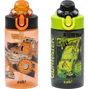 imageZak Designs Hot Wheels Sage Kids Water Bottle For School or Travel 16oz Durable Plastic Water Bottle With Straw Handle and LeakProof PopUp Spout Cover 2Pack Set Monster TrucksHot Wheels Monster Trucks