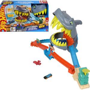 imageHot Wheels Toy Car Track Set City Shark Chomp Beach Playset with 164 Scale DieCast Vehicle 2 Ways to Play Knock Out the Shark or Get Eaten