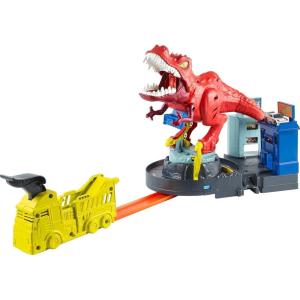 imageHot Wheels Toy Car Track Set TRex Rampage Playset amp 164 Scale Vehicle Launch into the Giant DinosaurTRex Rampage
