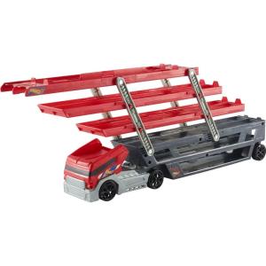 imageHot Wheels Toy Truck Track Set HW Mega Hauler Playset Stores 50 Vehicles Expands to 6 Levels Connects to Tracks1